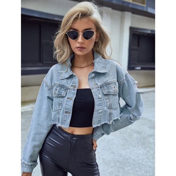 Frenchy Cropped Raw Hem Distressed Light Blue Denim Jacket Jean Plus 3XL Shein - Picture 15 of 16